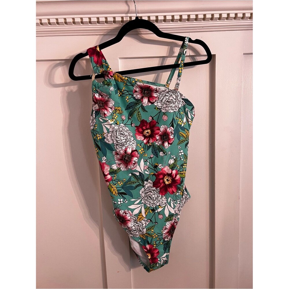 NWT Bathing Suit Asymmetrical Shoulder Floral One-Piece L apt 9